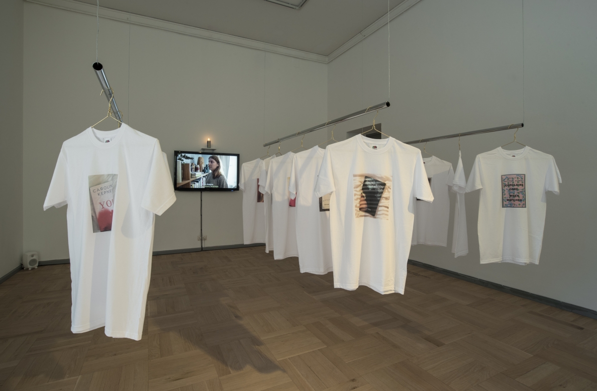 Exhibition 'Image Drain". Victoria Durnak. Only Love Can Break Your Heart. Movie, T-shirts, candle. 2017. Photo: Karel Koplimets, Tallinn Art Hall