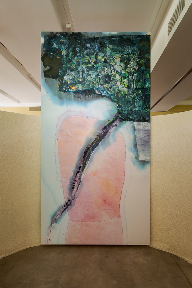 Ragna Bley, Receive in Past Tense, 2017. Acrylic on Dacron, 330 x 170 cm