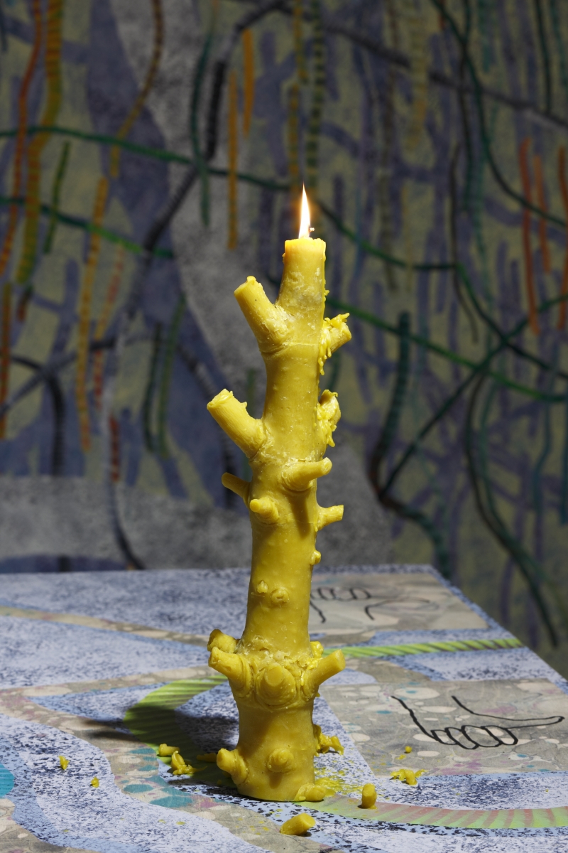 Sticks from the wood, hints from the hood sculptures as candles sculptures as fire, beewax. 2018