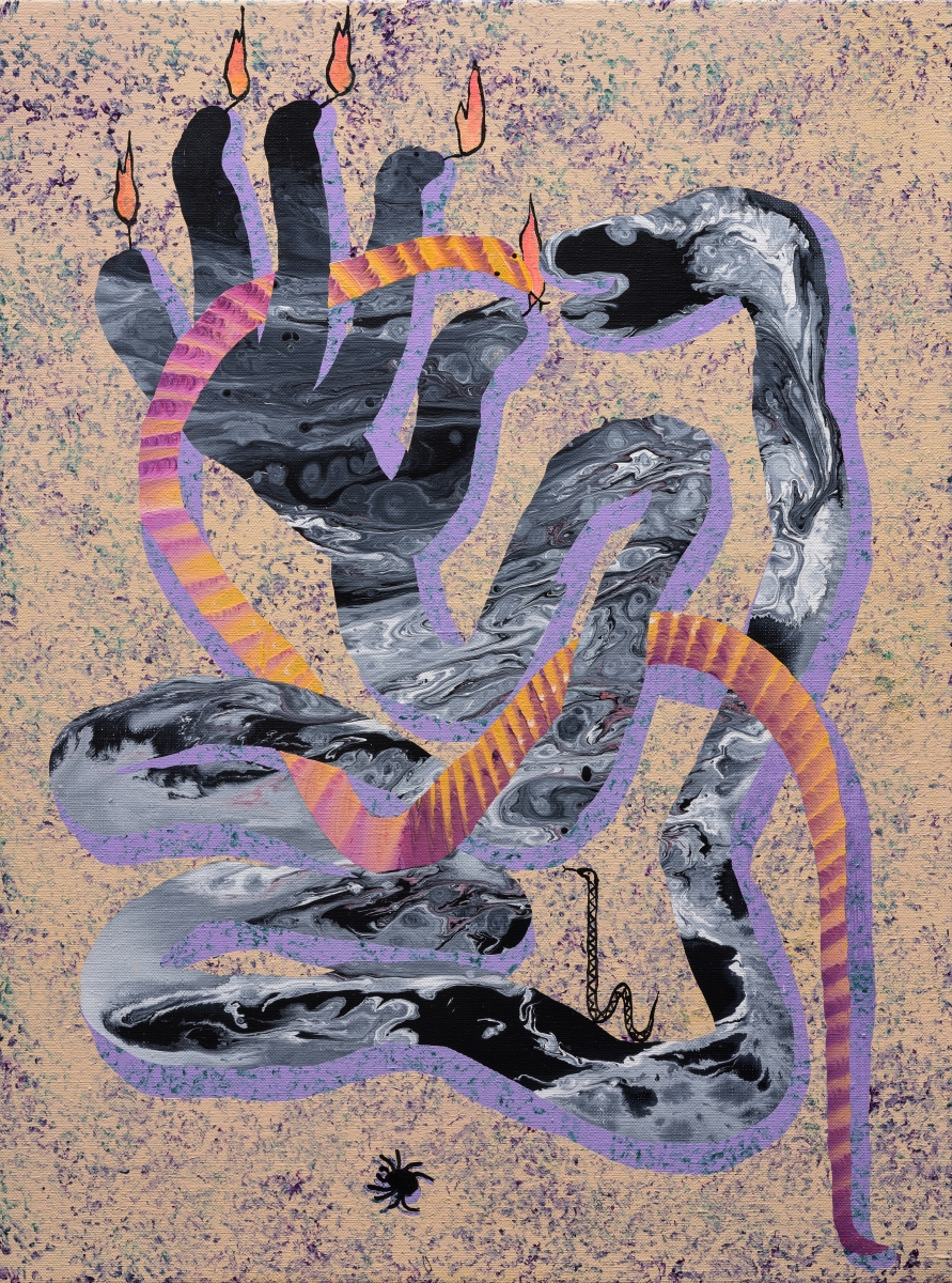 A serpent, a hand and a nightcrawler acrylic on canvas, 61cm x 45cm. 2018 Photo: Stanislav Stepasko 