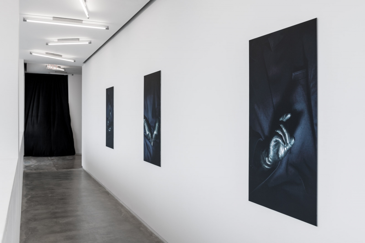 Maria Loboda, Egyptian Blue Coat 1, 2, and 3, 2017. Three digital photographs mounted on Dibond 44 1/8 x 24 1/3 in. each Courtesy of the artist and Maisterralvalbuena, Lisbon and Madrid 
