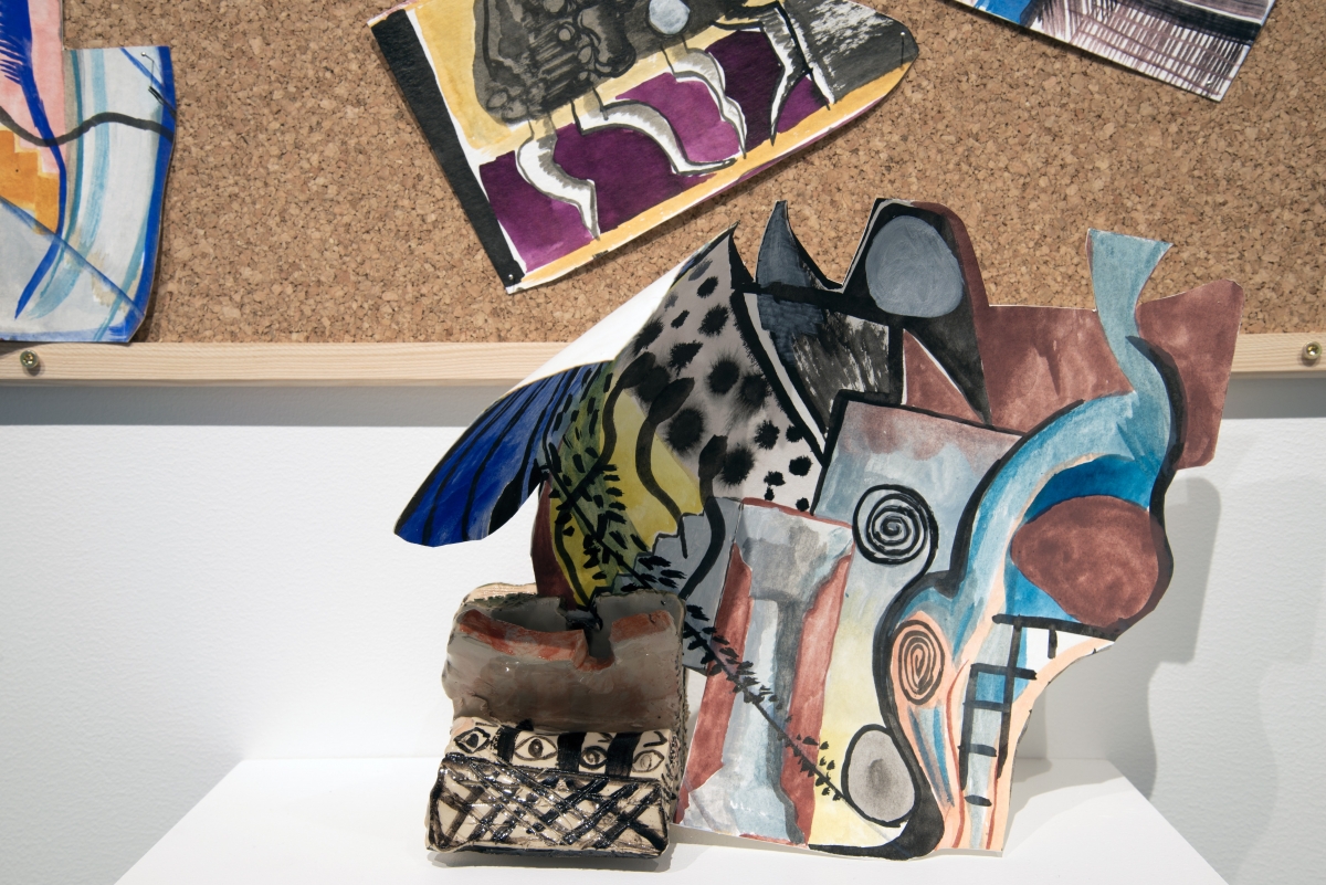 Jaakko Pallasvuo “Major Arcana Bulletin Boards”. Installation: paper, gouache, ink, ceramics, pins, corkboard, wood, 2018. Photo: Madis Kats