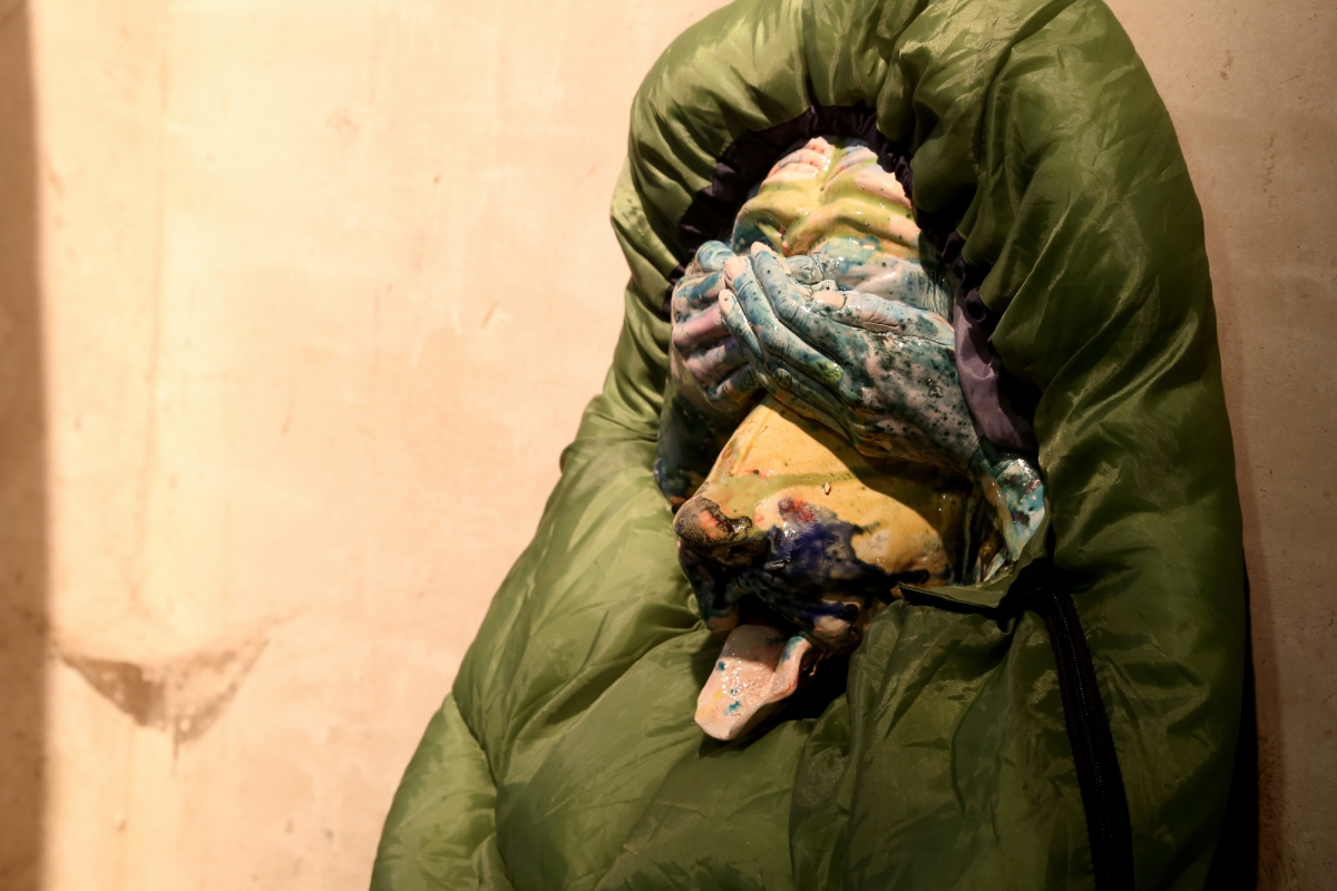 Kris Lemsalu, Phantom Camp, 2012. Photo: Margarita Ogoļceva, Latvian Centre for Contemporary Art, 2018 ceramics, sleeping bags; dimensions variable 