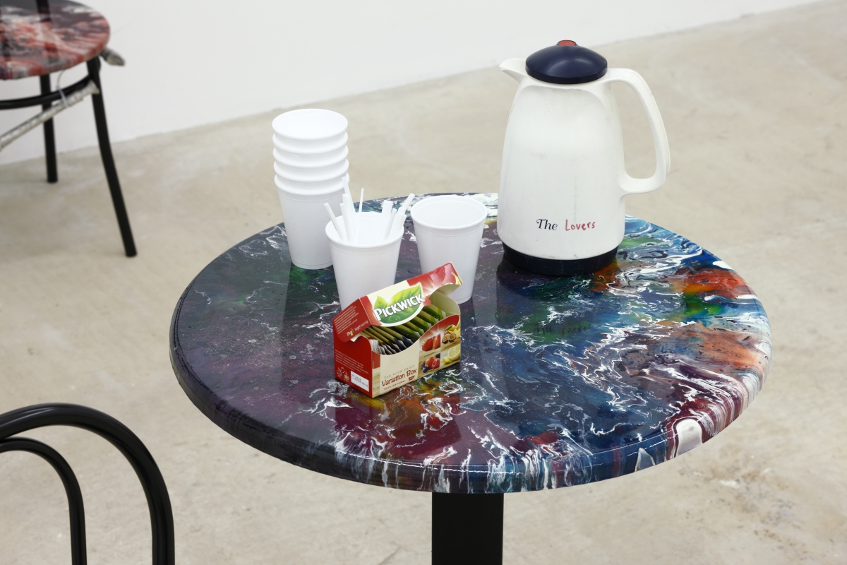 Café. Epoxy ressin, cast tin, strips, plastic cups, tea, thermo, plastic spoons, various dimensions. 2018 