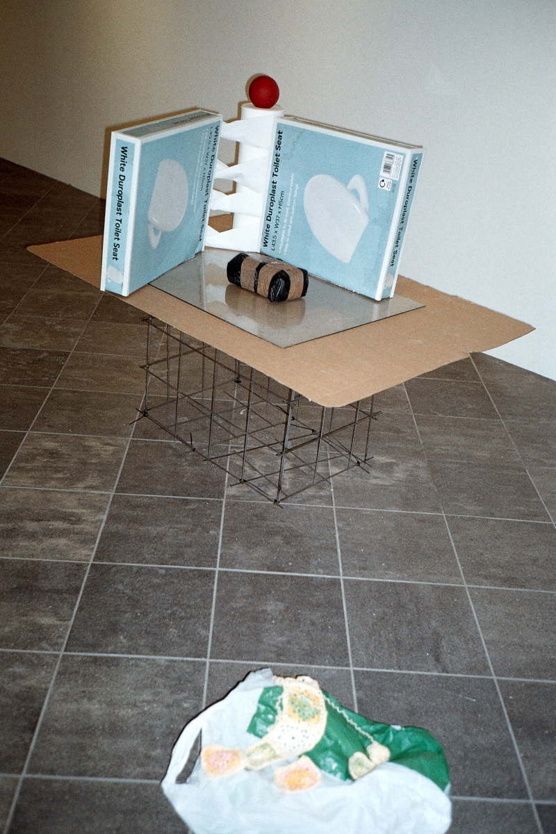 Kadi Estland, “When You’re Tired, Go Rest on the Balcony”- Modernism, Every House Has a Panic Room. Cardboard boxes, toilet paper, blue ribbon. 2019. Courtesy of the artist. Photo by Marta Vaarik